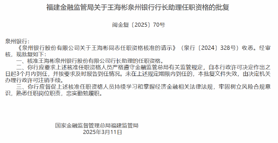 泉州银行董事会秘书叶旭寅、行长助理王海彬任职资格获批